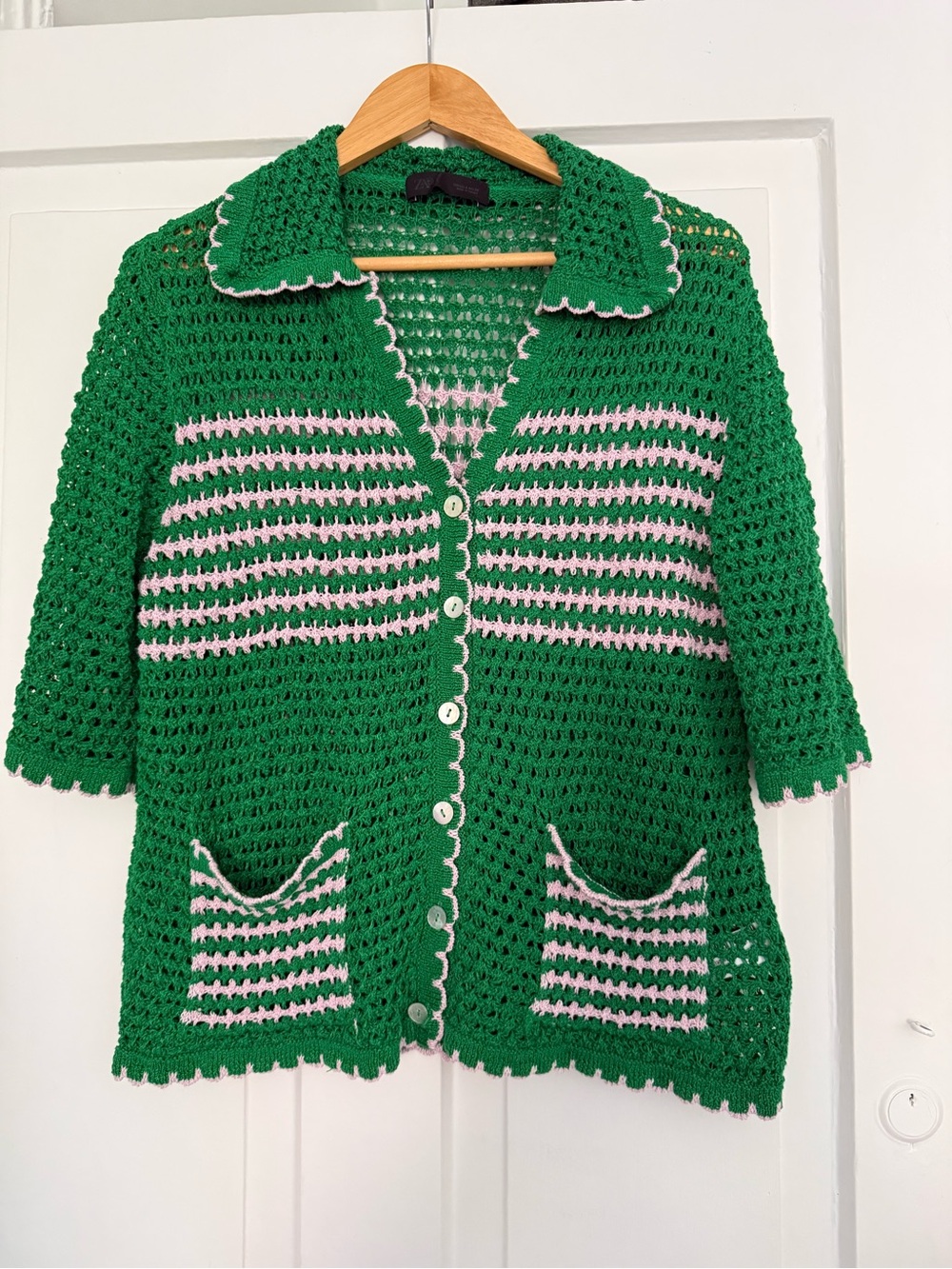 Zara Green Crochet Button-Front Cardigan with Pink Stripes